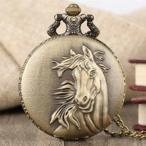 Horse Vintage Bronze Pocket Watch with Chain Necklace Unique